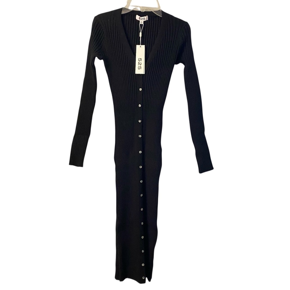 Revolve 525 America Black Ribbed Button Front Long Sleeve Maxi Sweater Dress‎ XS